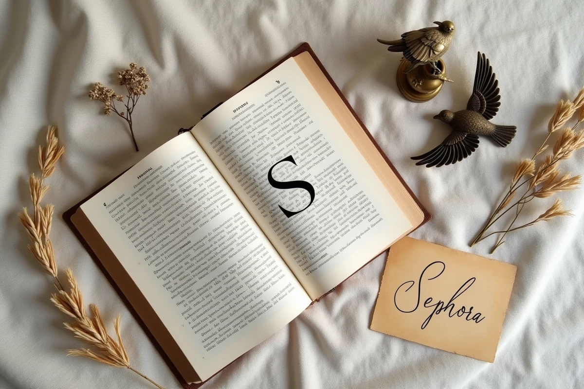 Composition à plat d'un dictionnaire vintage ouvert, d'un papyrus ancien et d'une note manuscrite portant le prénom Sephora, évoquant l'origine étymologique et historique du nom