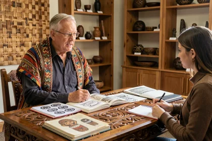 Conseiller culturel māori expliquant la signification des tatouages tā moko traditionnels à une apprenante attentive dans un centre culturel néo-zélandais
