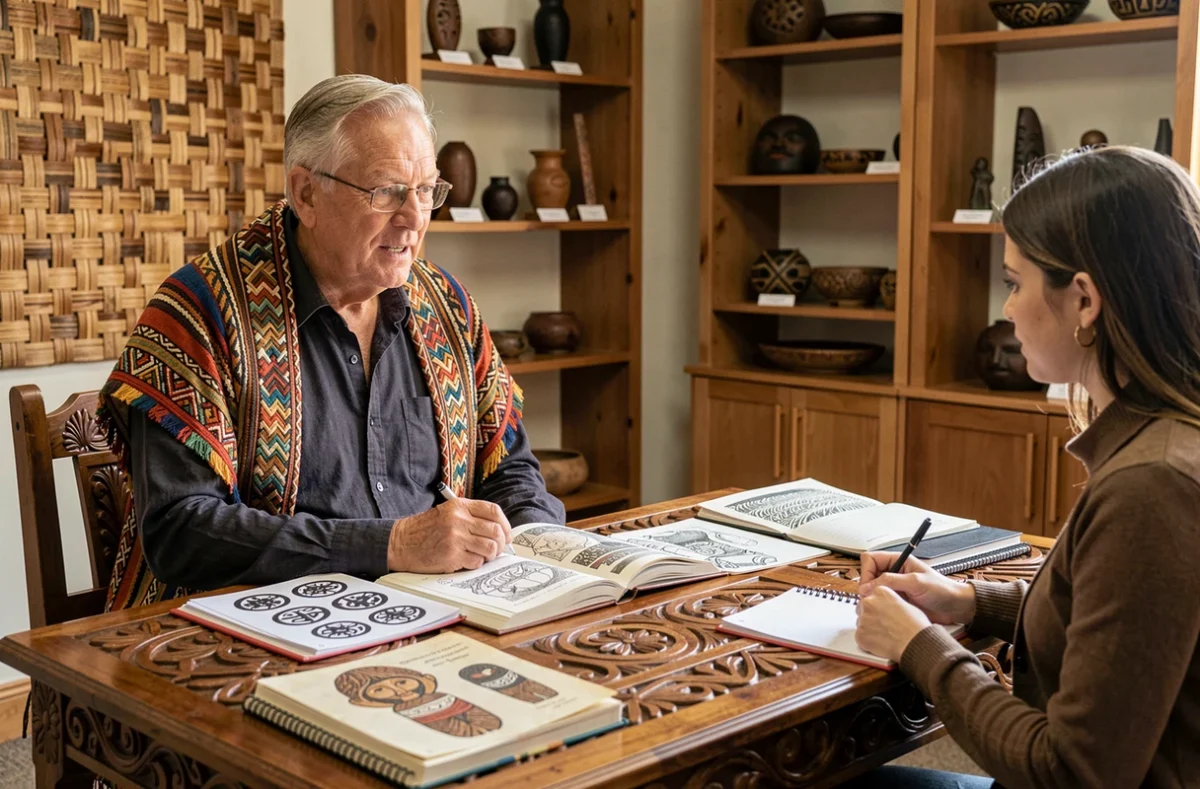 Conseiller culturel māori expliquant la signification des tatouages tā moko traditionnels à une apprenante attentive dans un centre culturel néo-zélandais