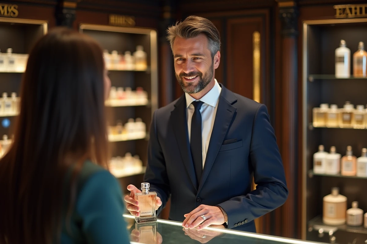 Conseiller beauté présentant un parfum à une cliente dans un grand magasin parisien
