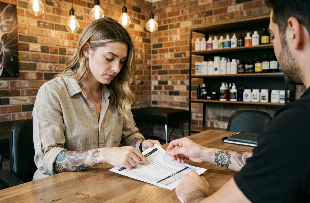 Cliente en consultation avec un tatoueur pour comprendre les critères de prix d'un tatouage sur l'avant-bras