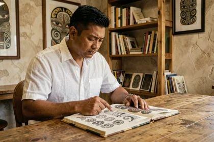 Homme polynésien consultant des références de tatouage tribal māori avec un carnet de croquis dans un studio de tatouage authentique