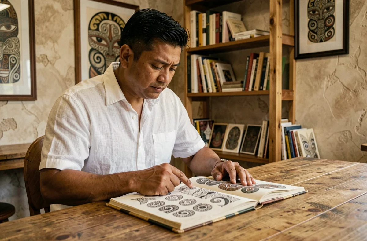 Homme polynésien consultant des références de tatouage tribal māori avec un carnet de croquis dans un studio de tatouage authentique