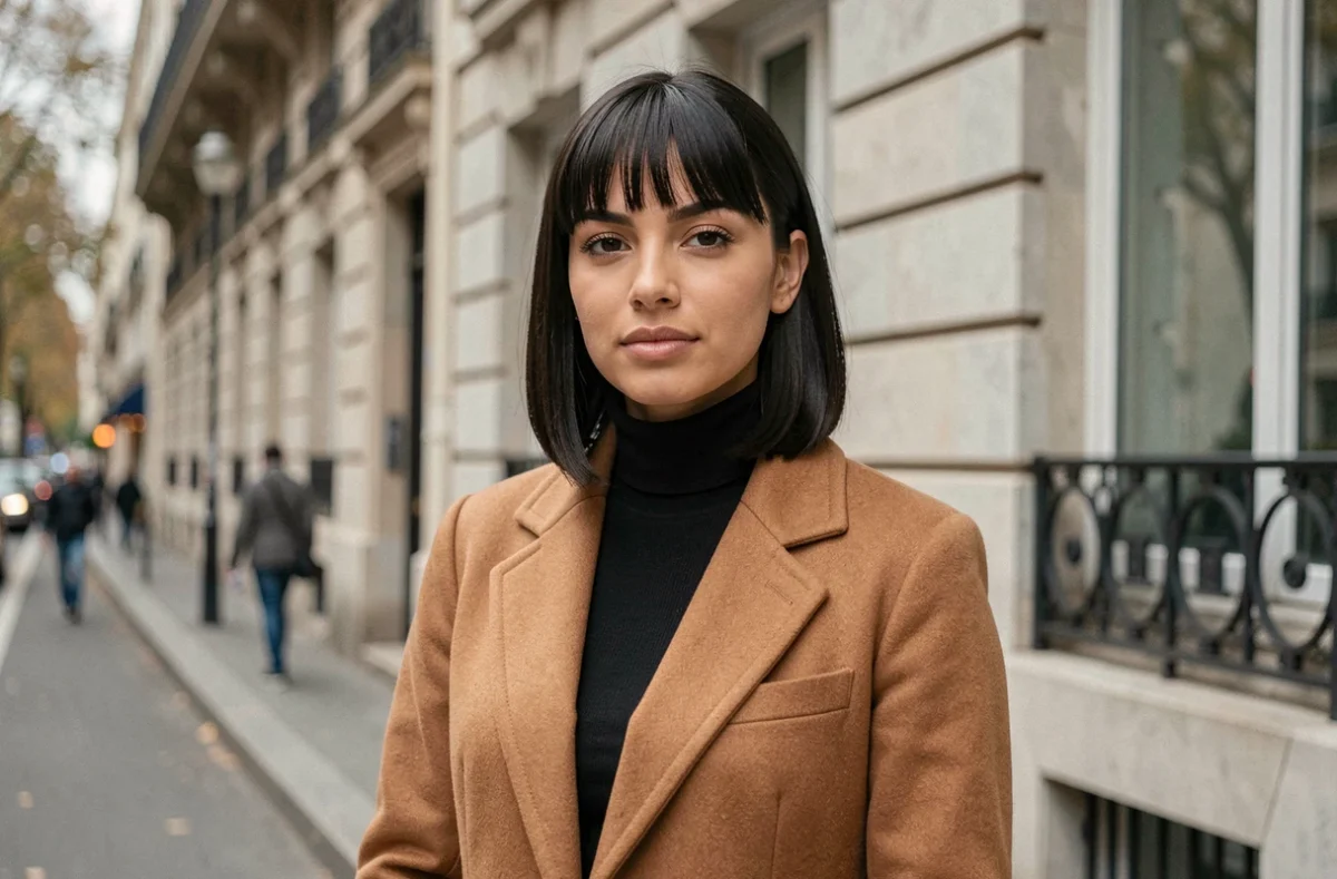 Jeune femme arborant une coupe à l'espagnol avec frange épaisse, portant un manteau camel, dans une rue parisienne aux façades haussmanniennes