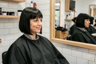 Femme aux cheveux courts en coupe à l'espagnol assise dans un fauteuil de salon de coiffure moderne, regardant son reflet dans le miroir avec satisfaction