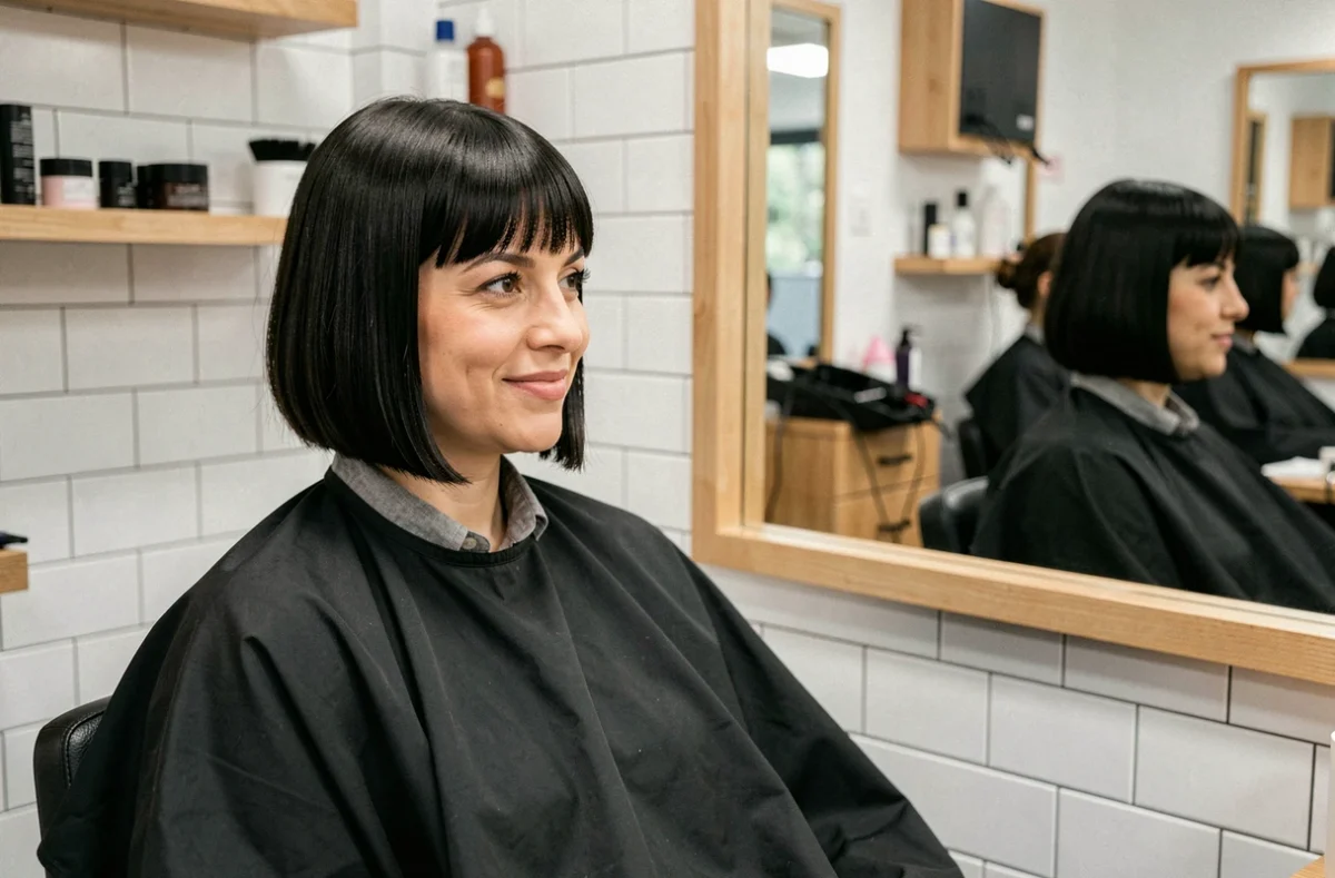 Femme aux cheveux courts en coupe à l'espagnol assise dans un fauteuil de salon de coiffure moderne, regardant son reflet dans le miroir avec satisfaction