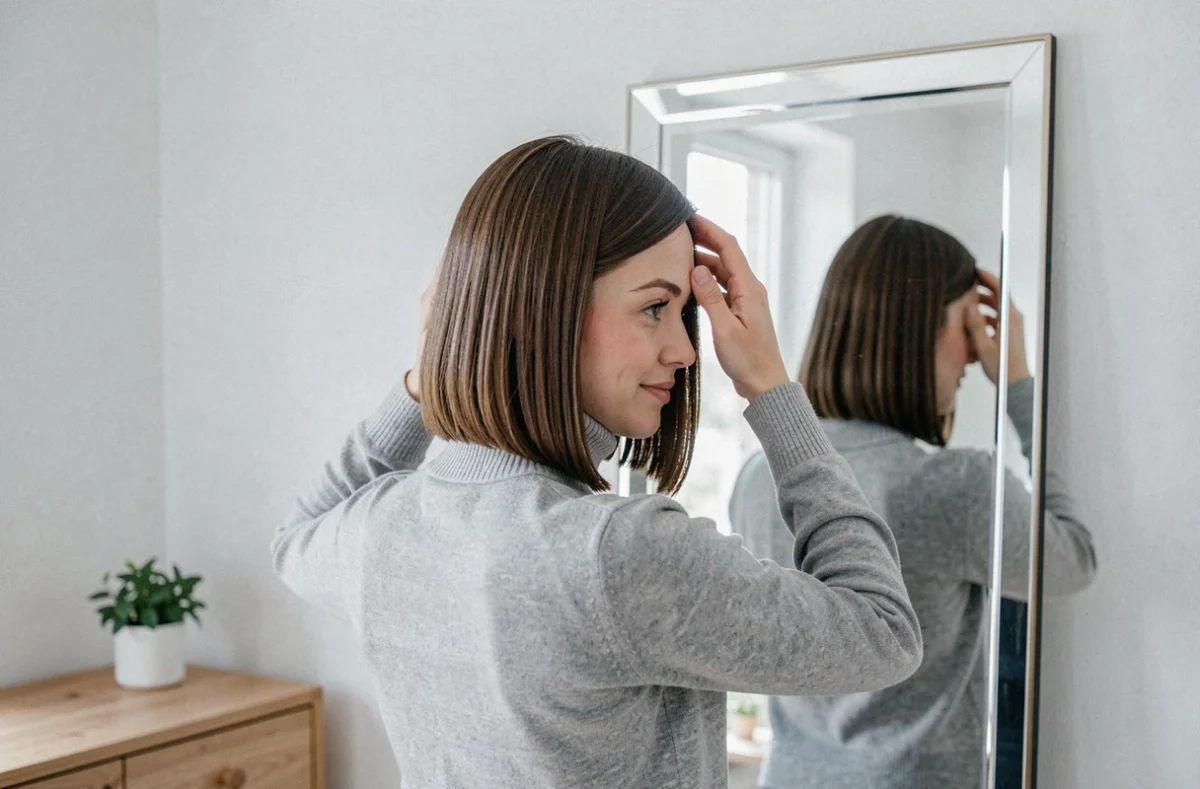 Femme avec un bob mi-long lisse se regardant dans un miroir, coupe tendance style minimaliste scandinave