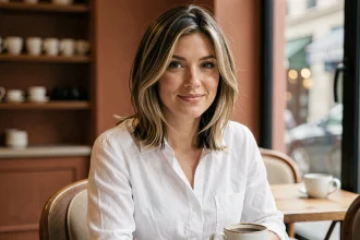 Femme aux cheveux mi-longs avec balayage tendance dans un café parisien, coupe de cheveux mi-long moderne