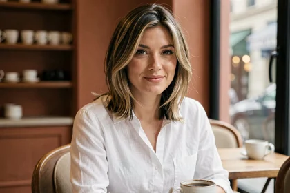 Femme aux cheveux mi-longs avec balayage tendance dans un café parisien, coupe de cheveux mi-long moderne