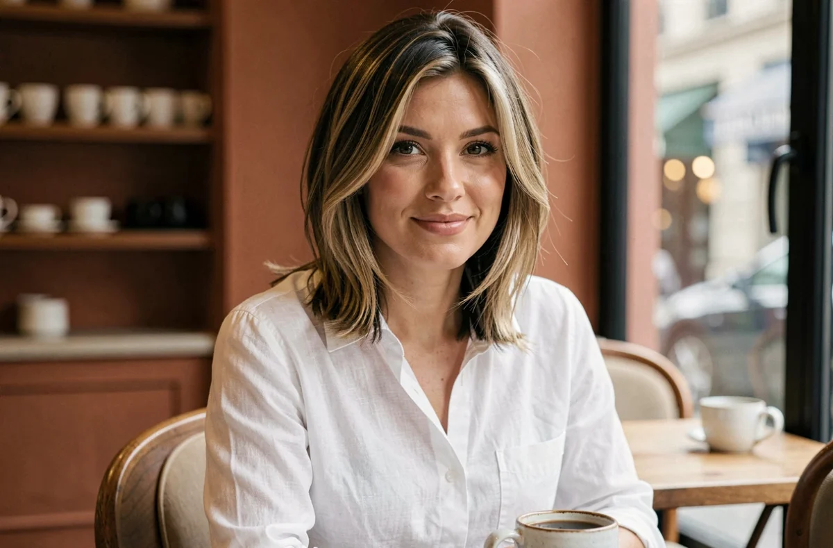 Femme aux cheveux mi-longs avec balayage tendance dans un café parisien, coupe de cheveux mi-long moderne
