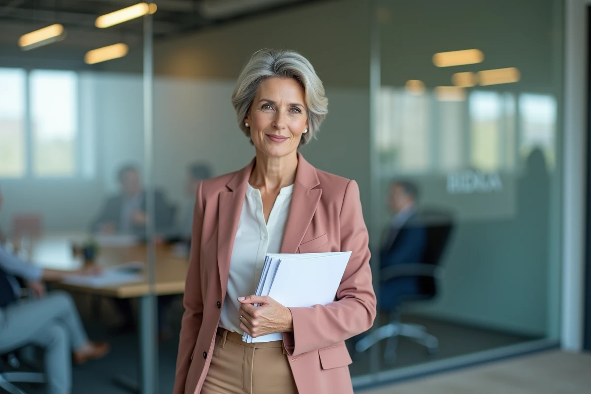 Femme cadre en salle de réunion arborant une coupe Cuenta avec reflets naturels gris, style corporate élégant