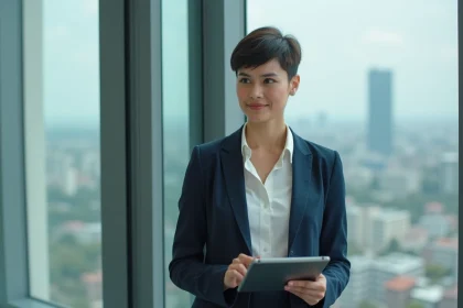 Femme en bureau avec une coupe Cuenta structurée et un blazer marine, allure professionnelle moderne
