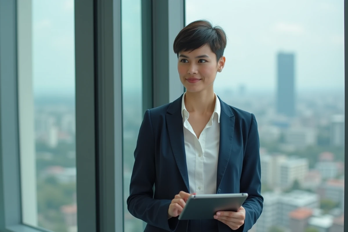 Femme en bureau avec une coupe Cuenta structurée et un blazer marine, allure professionnelle moderne