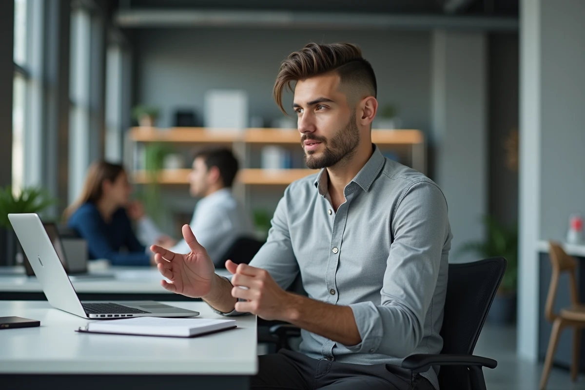 Homme jeune avec coupe Cuenta en environnement de bureau open space, style décontracté professionnel