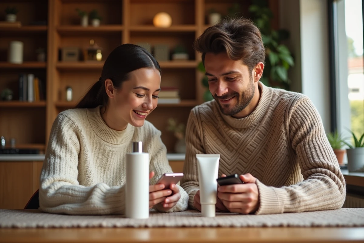 Couple comparant deux coffrets soin à la maison pour identifier la meilleure offre qualité-prix