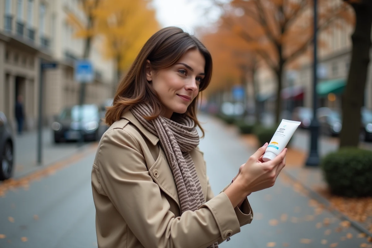 Femme appliquant de la crème solaire sur son bras en automne dans une rue urbaine