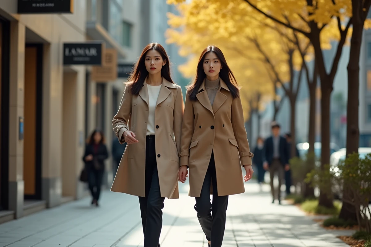 Deux femmes japonaises élégantes marchant côte à côte dans la rue commerçante de Ginza à Tokyo, portant des manteaux trench et des tenues raffinées aux tons neutres en automne