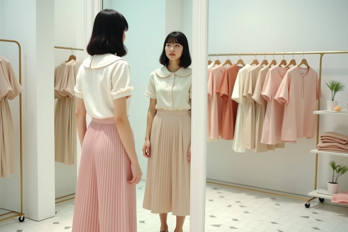 Femme japonaise vêtue d'une tenue pastel coordonnée avec jupe plissée et frange droite, se regardant dans un miroir dans une boutique minimaliste de Harajuku