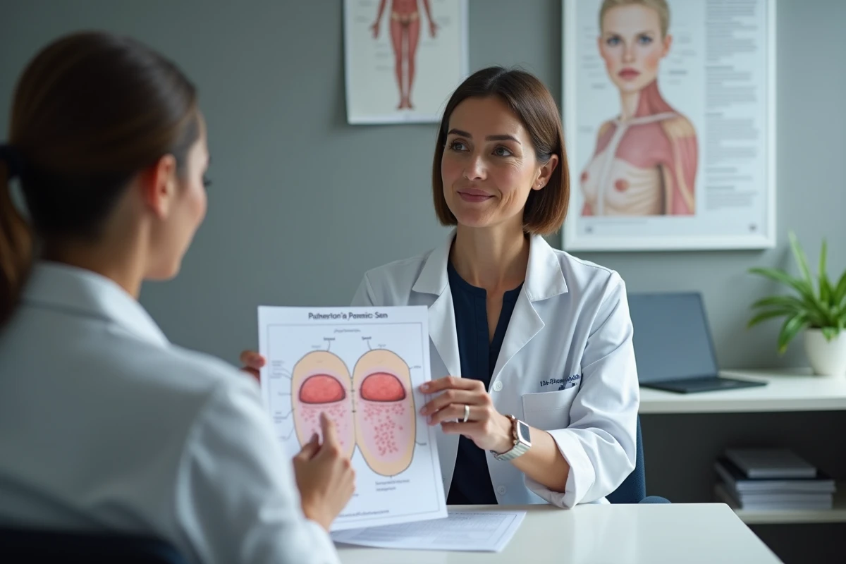 Dermatologue en consultation expliquant les erreurs de soins pour la rosacée à une patiente avec un schéma cutané