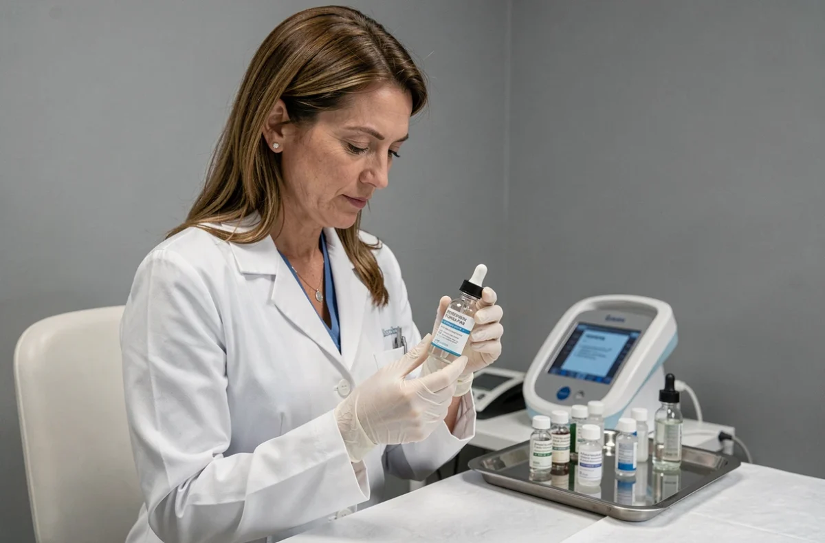 Dermatologue examinant un sérum probiotique pour peaux sensibles dans un cabinet médical moderne