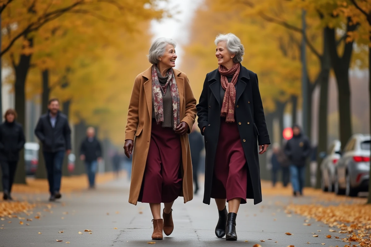 Deux femmes élégantes de 70 ans marchant et riant sur un boulevard parisien en automne, vêtues de manteaux chic en laine camel et bordeaux