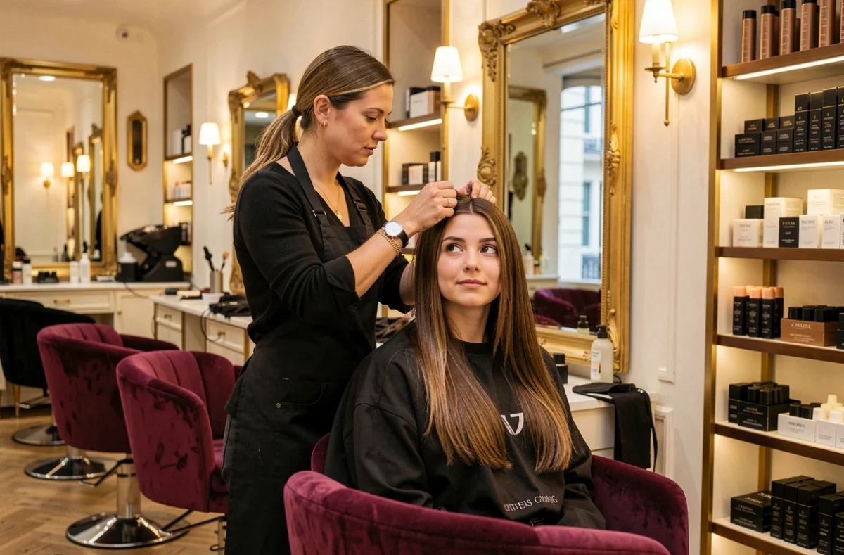 Pose d'extensions capillaires par une spécialiste chez Divine Extensions à Saint-Germain-en-Laye