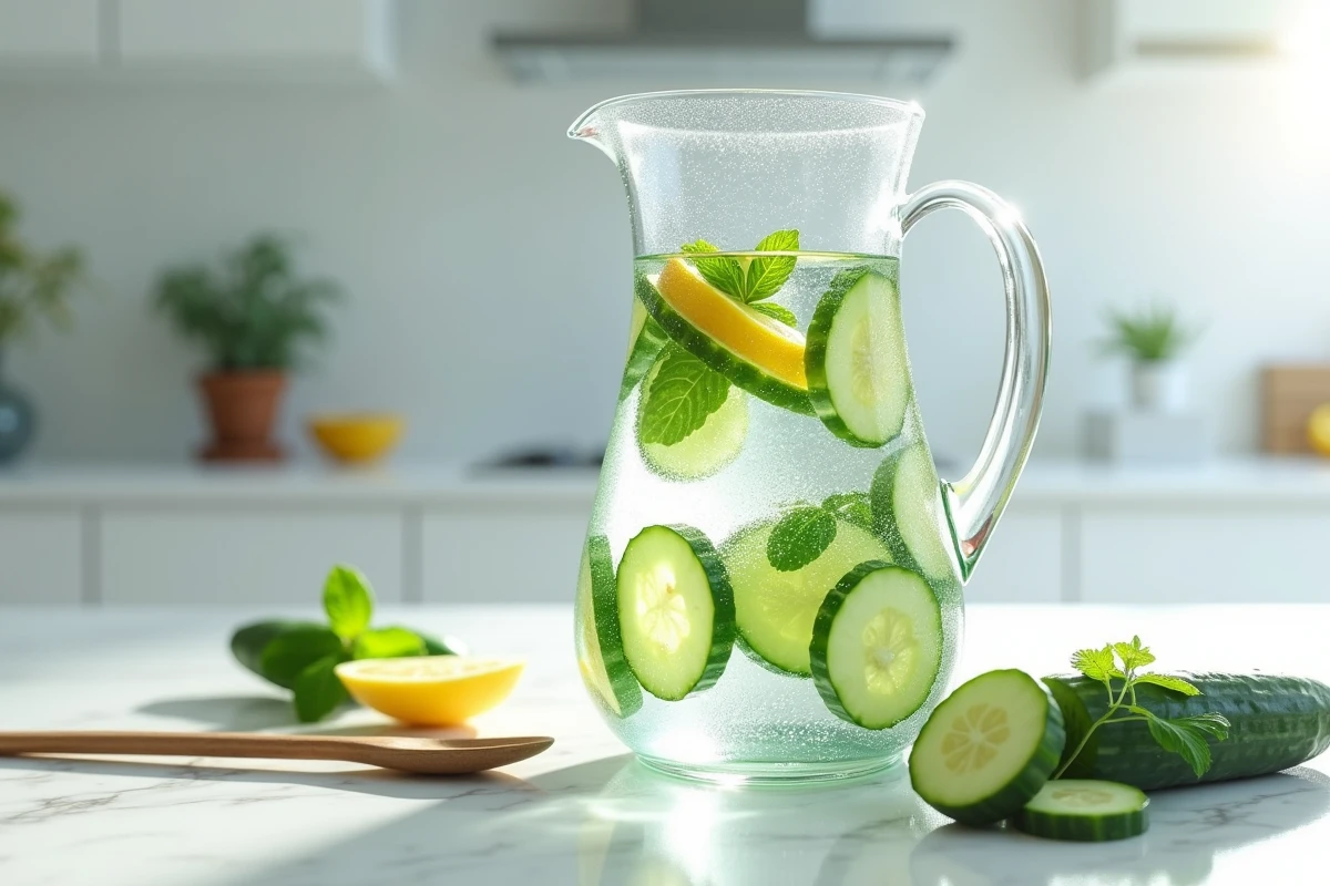 Pichet d'eau infusée au concombre avec menthe et citron sur un plan de travail en marbre blanc