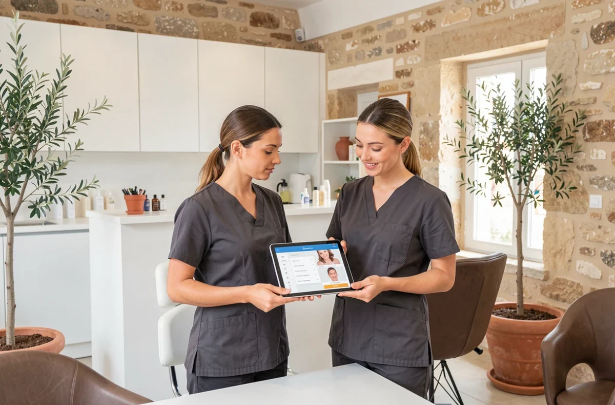 Deux professionnelles du réseau Ecla Group conseillant une cliente à l'aide d'une tablette numérique dans un salon beauté moderne en PACA