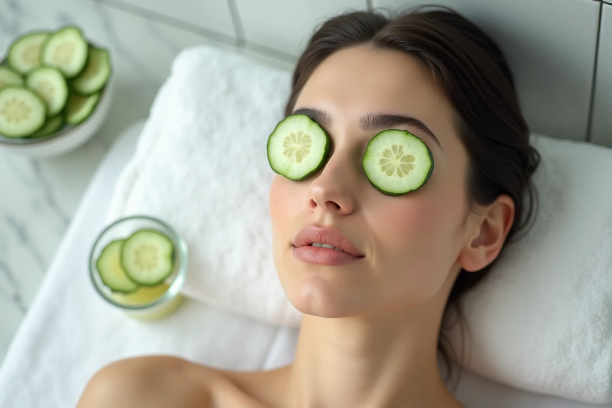 Femme en soin spa avec rondelles de concombre posées sur les yeux dans un environnement épuré