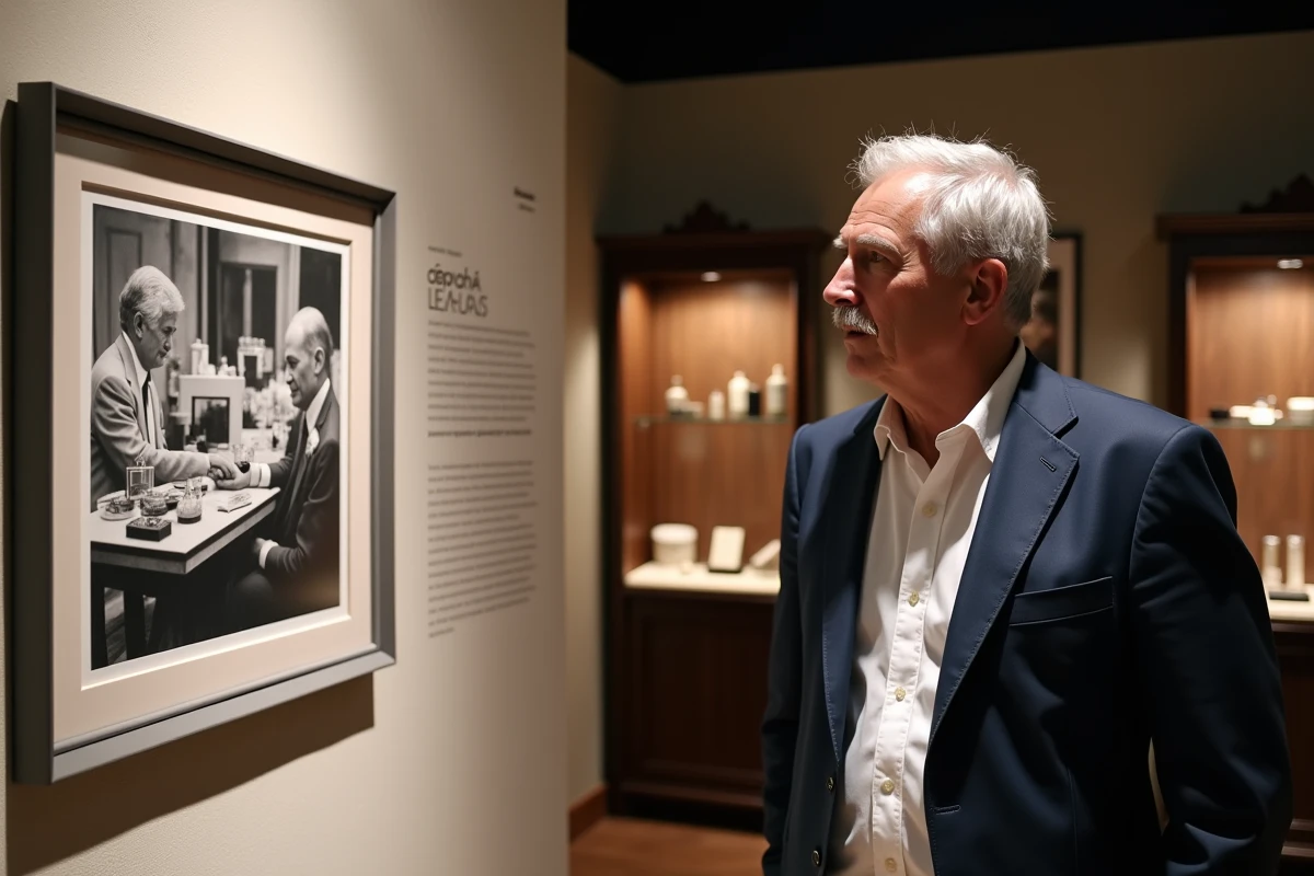 Homme visitant une exposition patrimoniale sur l'histoire de Sephora dans un musée du parfum français, avec des archives photographiques et documents historiques