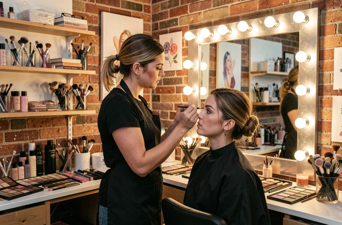 Maquilleuse professionnelle du salon Face Artist appliquant du maquillage de scène devant un grand miroir de loge entouré de bulbes lumineux