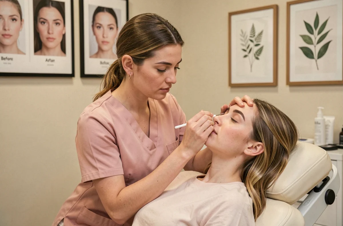 Esthéticienne spécialisée en train de réaliser une mise en forme de sourcils semi-permanente sur une cliente au Farah Studio