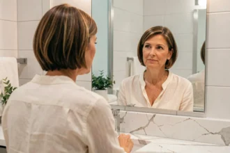 Femme de 45 ans examinant sa nouvelle coupe de cheveux courte dans un miroir de salle de bain moderne