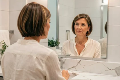 Femme de 45 ans examinant sa nouvelle coupe de cheveux courte dans un miroir de salle de bain moderne