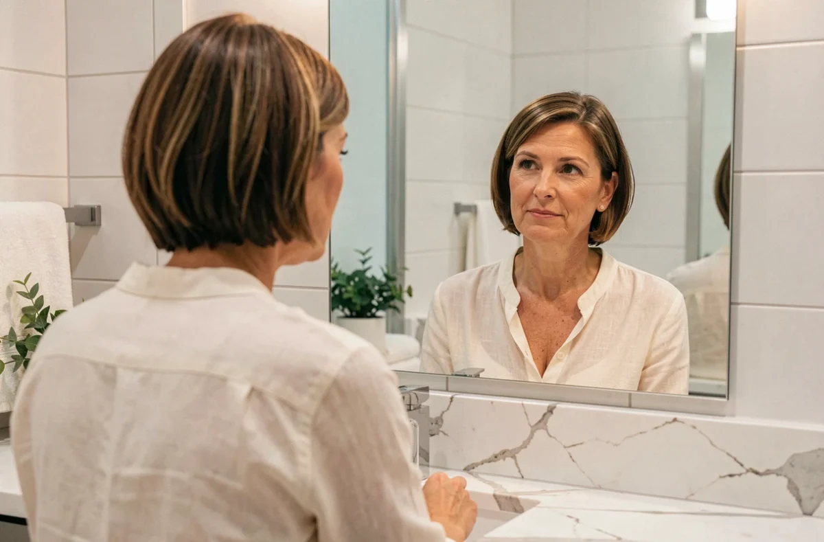 Femme de 45 ans examinant sa nouvelle coupe de cheveux courte dans un miroir de salle de bain moderne