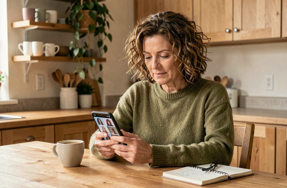 Femme de 48 ans cherchant des inspirations de coupes de cheveux adaptées à son âge sur son téléphone