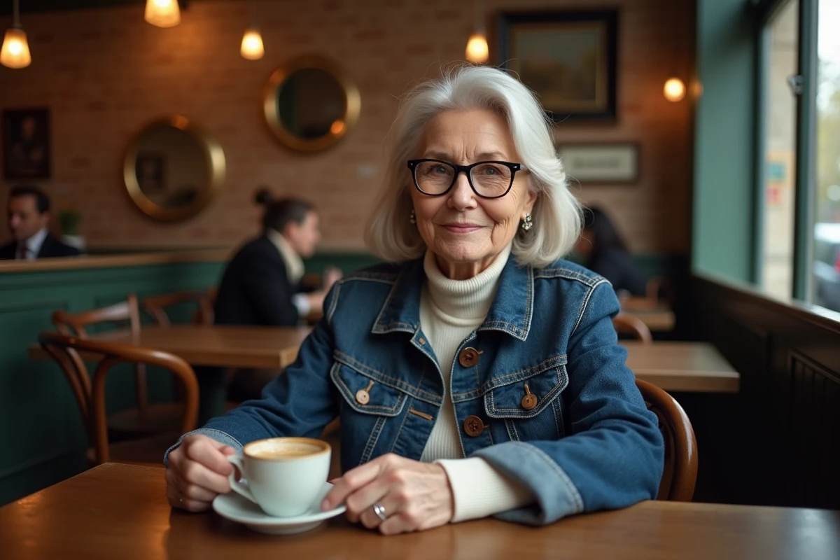 Femme de 70 ans en veste en jean indigo assise dans un café parisien
