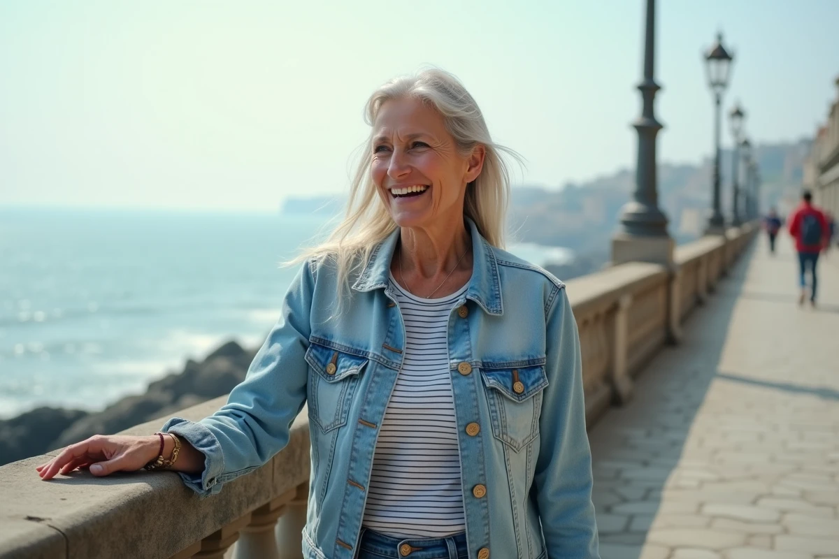 Femme de 70 ans portant une veste en jean claire sur une promenade en bord de mer