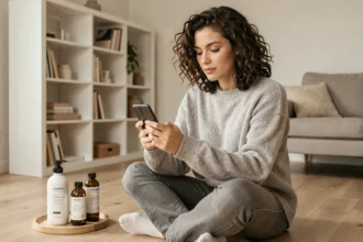 Femme aux cheveux bouclés naturels commandant des soins capillaires en ligne depuis son salon