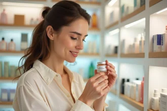 Femme examinant les ingrédients d'un coffret soin en pharmacie pour trouver la meilleure offre