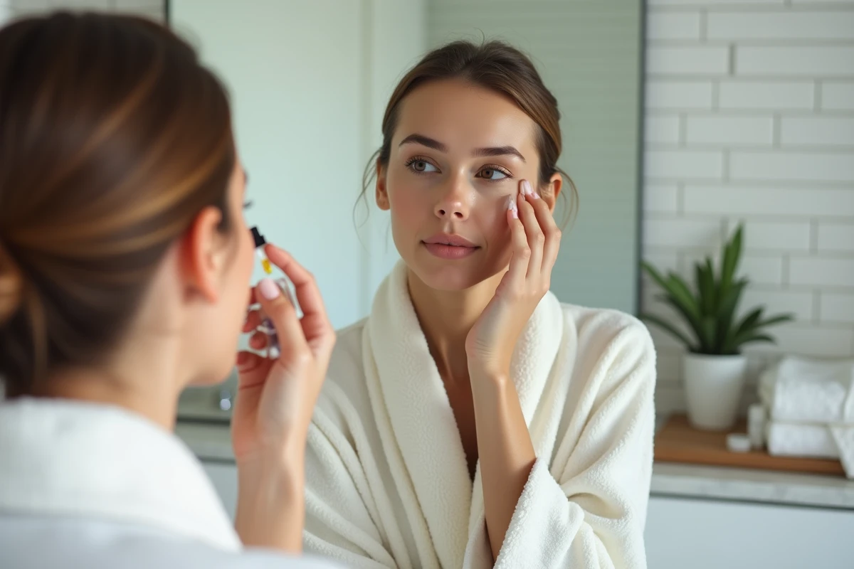 Femme appliquant du rétinol en sérum sur sa peau devant un miroir de salle de bain