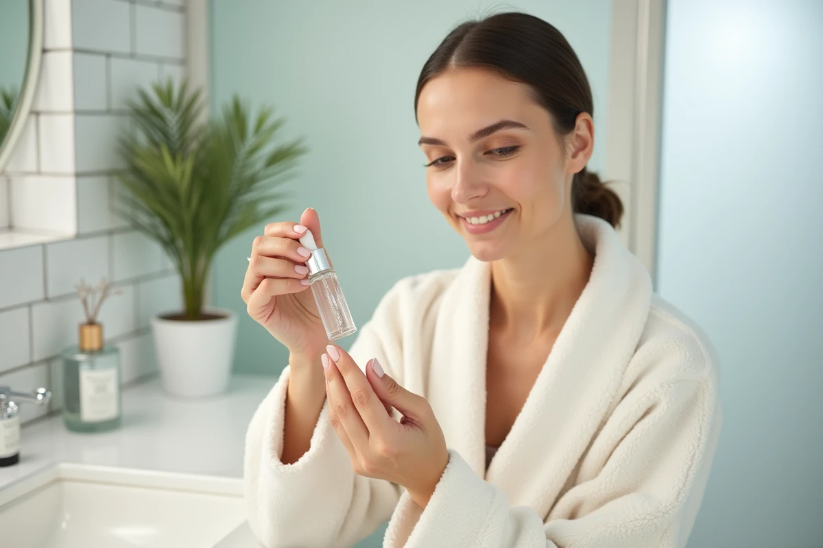 Femme appliquant un sérum The Smilist sur son visage devant un miroir de salle de bain minimaliste