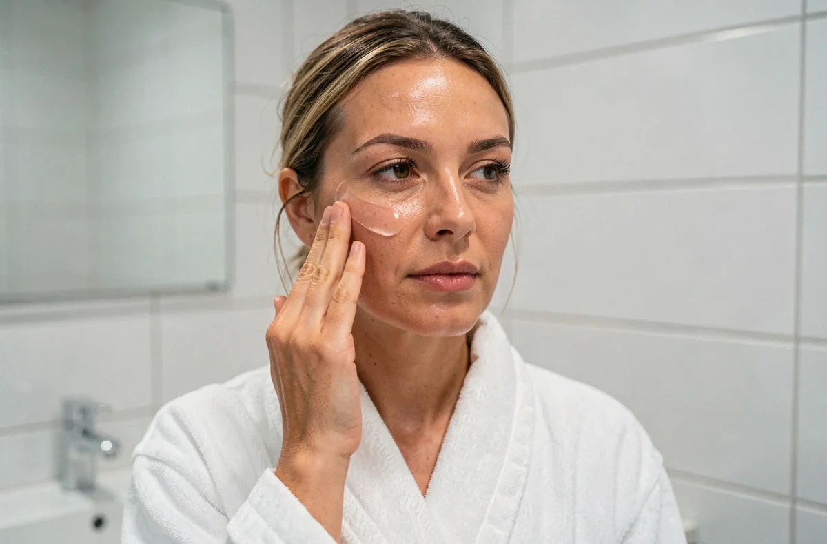 Femme appliquant un soin visage aux actifs marins dans une salle de bain minimaliste blanche