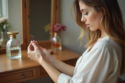Femme appliquant du parfum sur son poignet devant une coiffeuse avec des flacons de parfum en verre