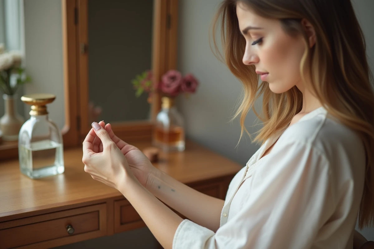 Femme appliquant du parfum sur son poignet devant une coiffeuse avec des flacons de parfum en verre