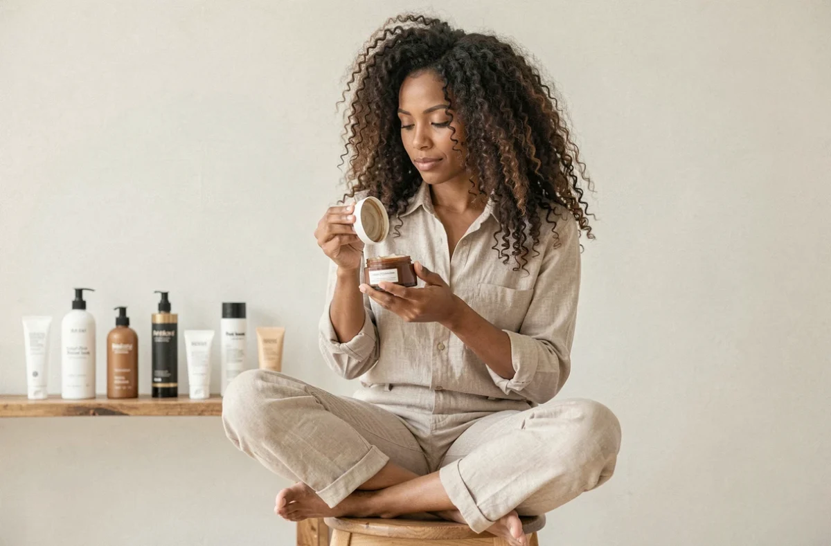 Femme aux boucles volumineuses examinant un gel définissant pour cheveux bouclés dans un salon minimaliste