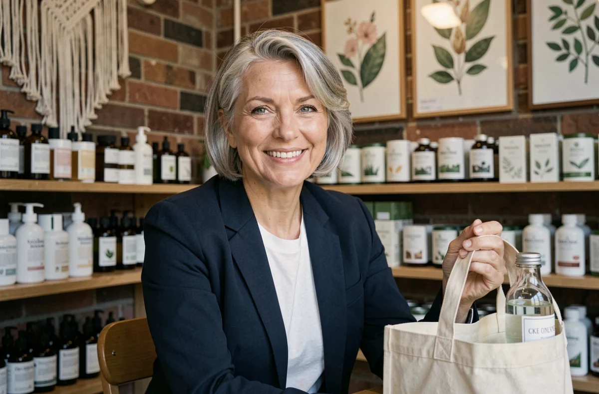 Femme souriante dans une boutique bio avec sac de courses rempli de cosmétiques naturels