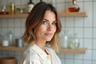 Femme aux cheveux fins coiffée d'un carré dégradé précis dans un salon de coiffure scandinave épuré