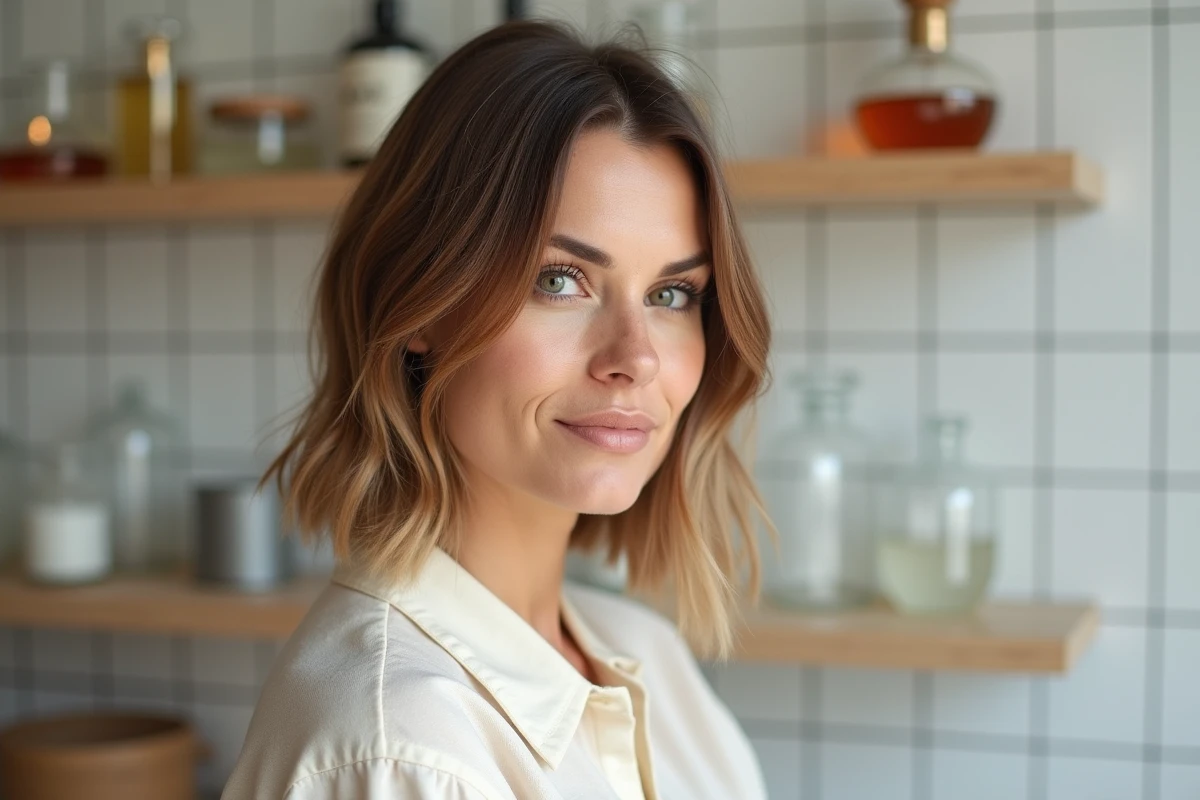 Femme aux cheveux fins coiffée d'un carré dégradé précis dans un salon de coiffure scandinave épuré