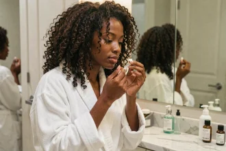 Jeune femme aux cheveux bouclés naturels appliquant une crème définissante sur ses boucles devant un miroir de salle de bain
